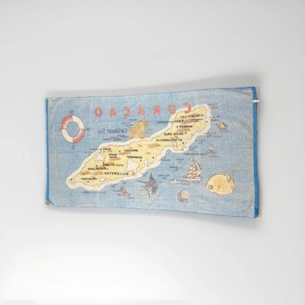 Vtg Beach Towel Blue Curacao‎ Map 100% Cotton Terrycloth Graphic Print 30 x 55